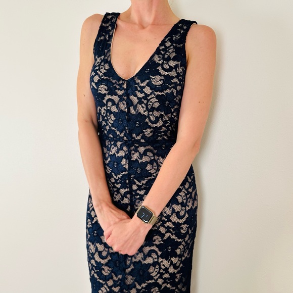 New Belle Badgley Mischka Dress navy Blue Lace Overlay Maxi Evening - Picture 5 of 10